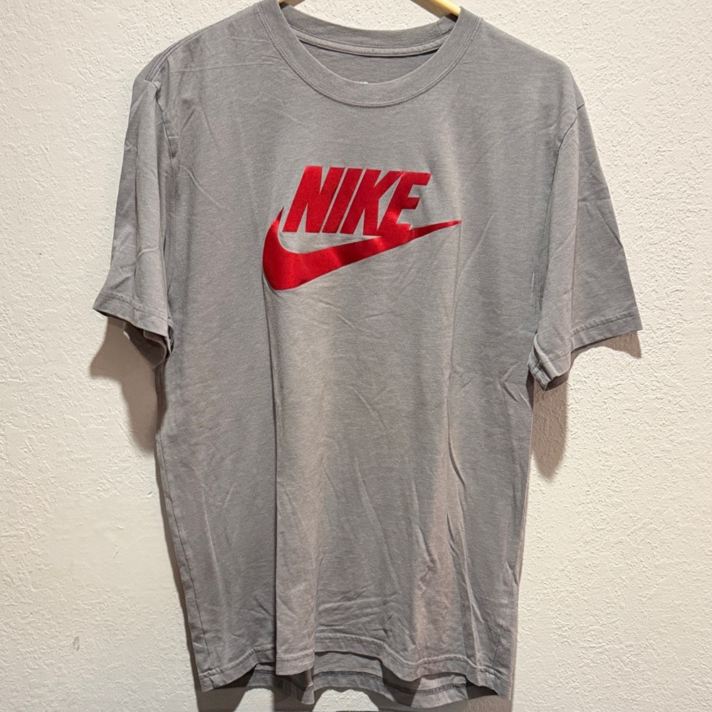 Nike Men's Short Sleeve Gray Tee with Red Logo
